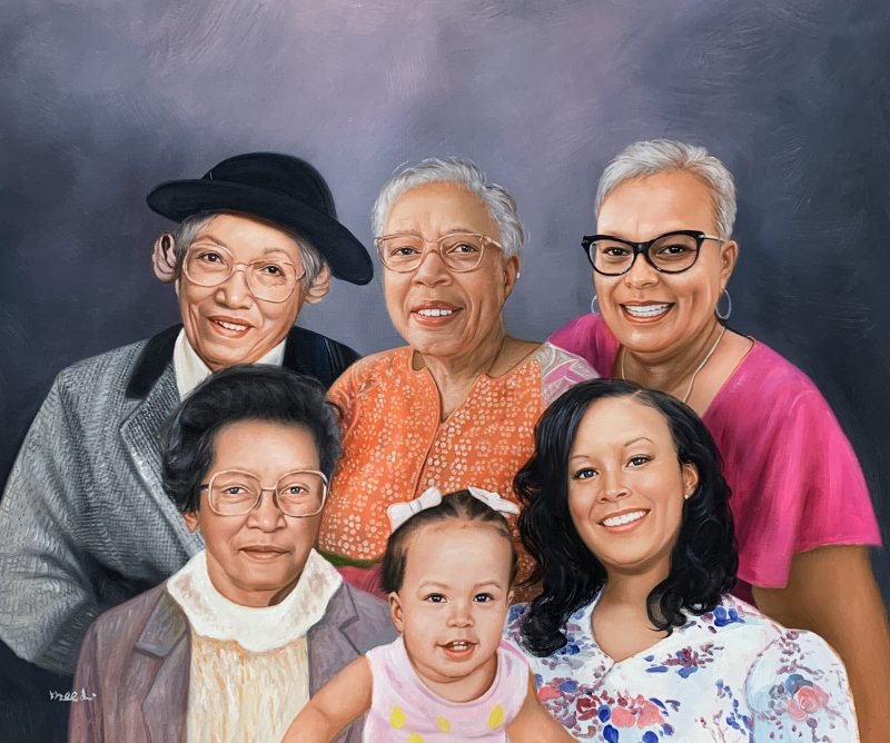 Painted portrait of five generations of a Black family.