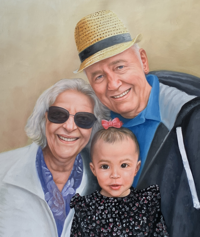 Oil painting of grandparents and granddaughter