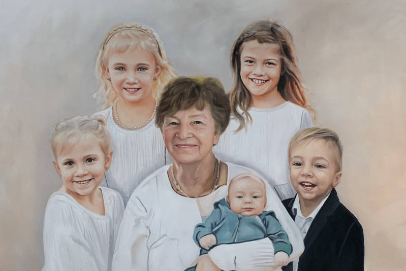 Family portrait painting, grandmother holding baby, surrounded by grandchildren.