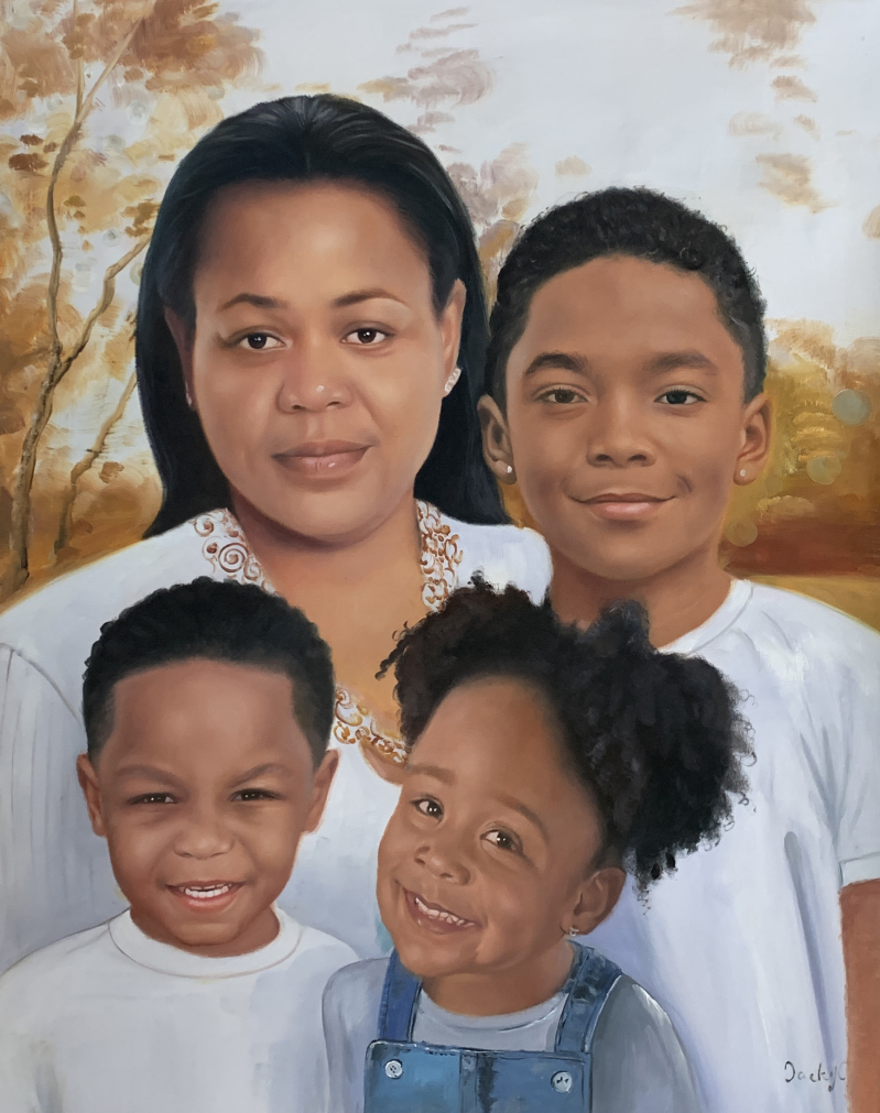 Oil painting portrait of a mother and her three children.