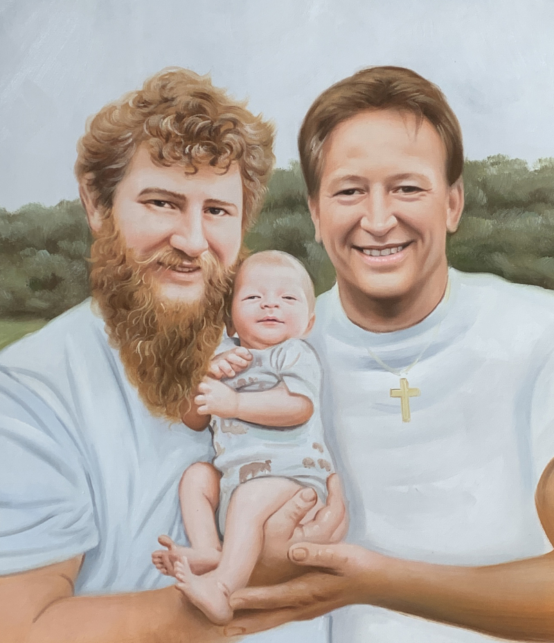 Painted portrait of two men and a baby.