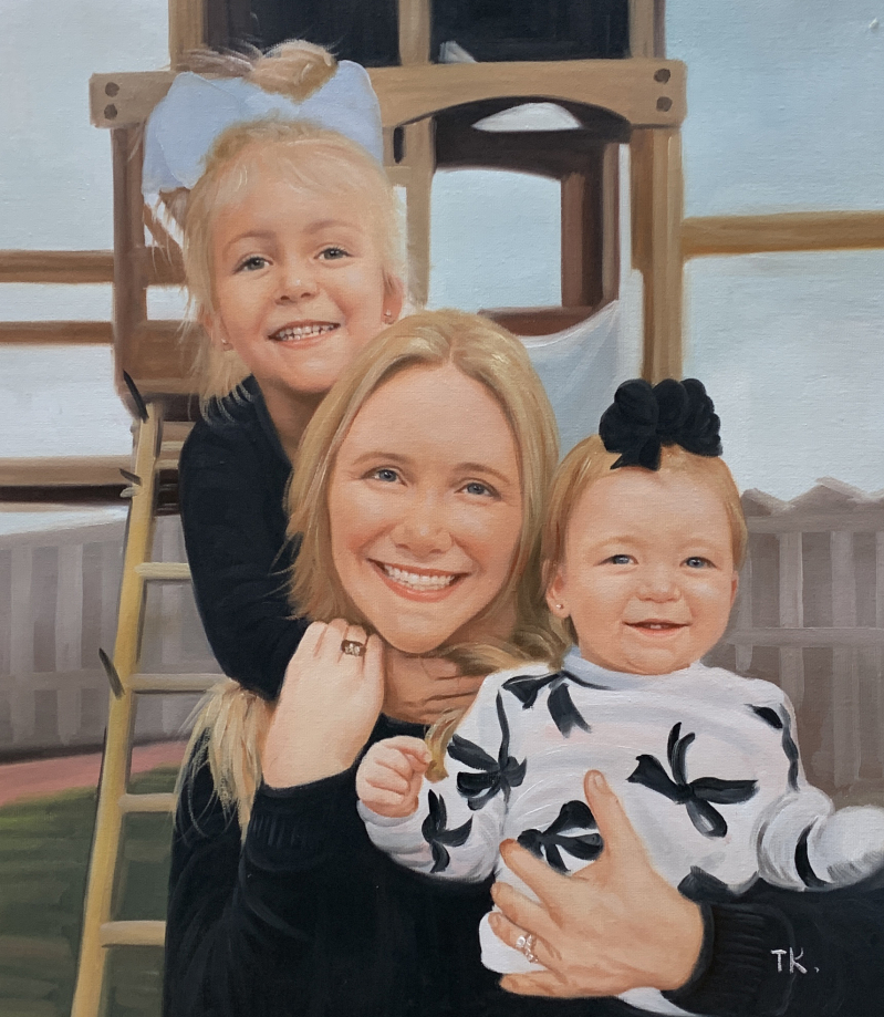 Oil painting of a mother and her two young daughters at a playground.