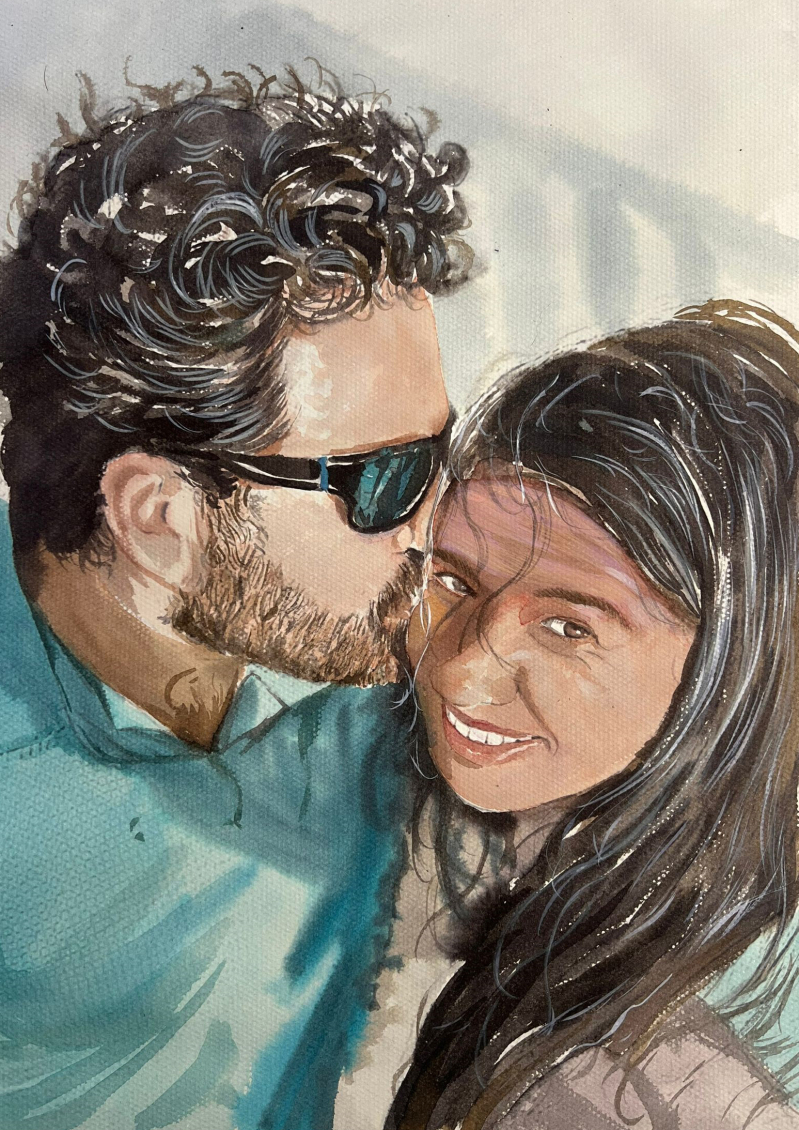 Watercolor portrait of a man kissing a woman on the cheek.