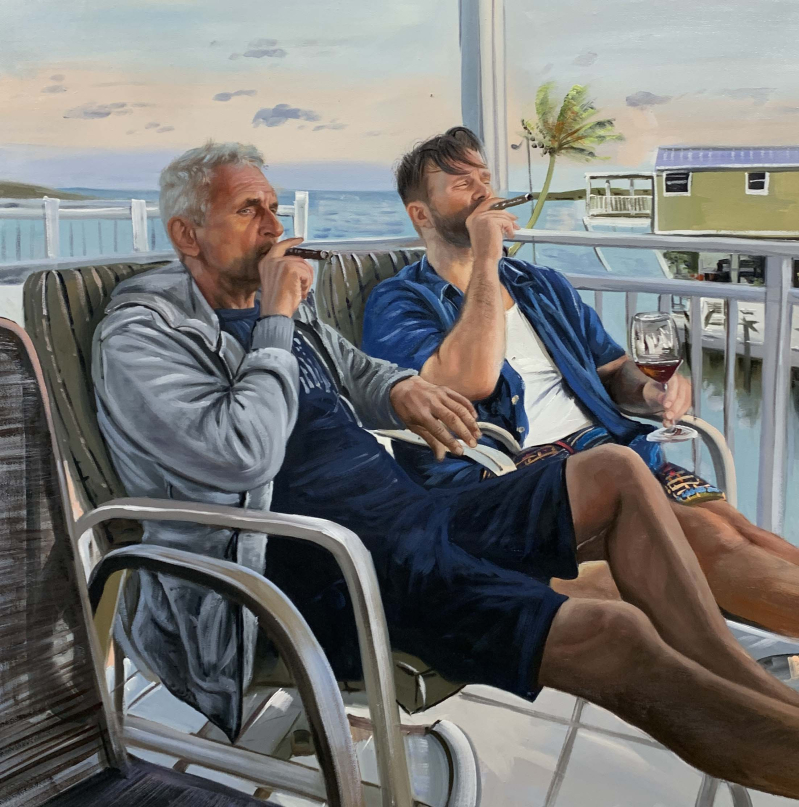 Painting of two men smoking cigars and drinking wine on a patio overlooking the ocean.