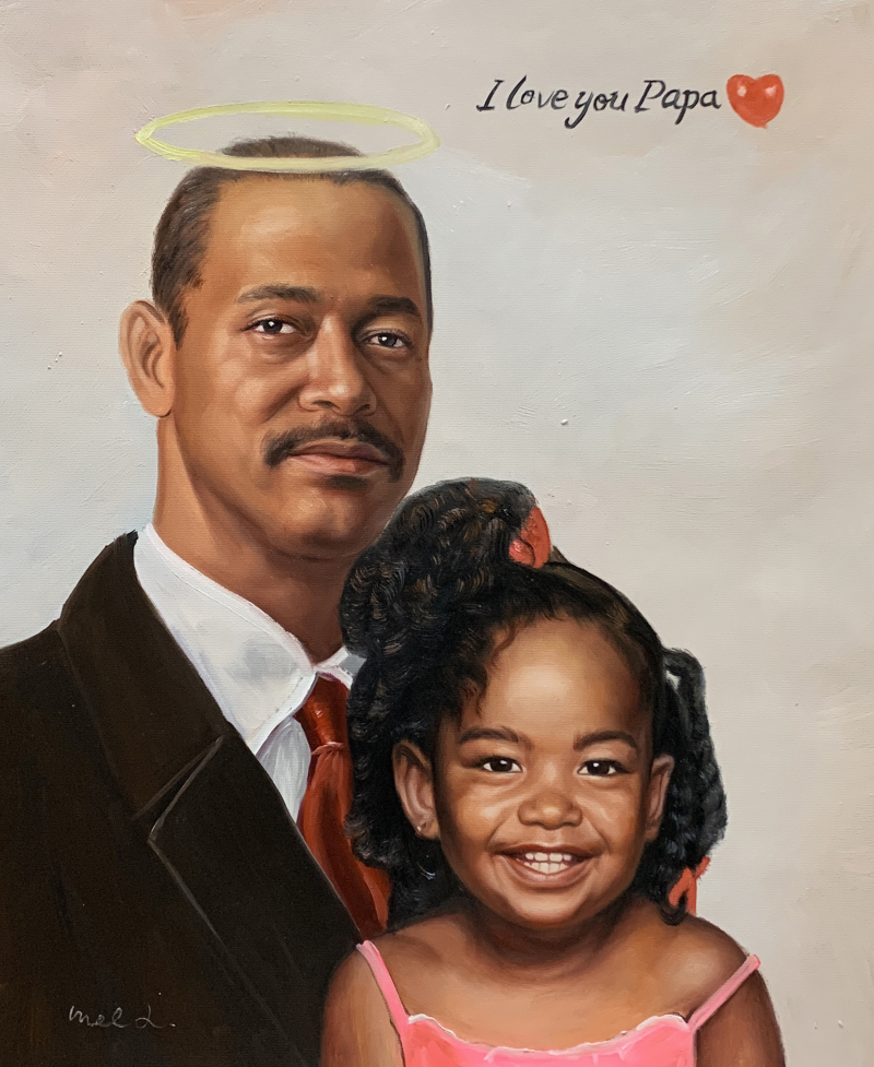 Portrait painting of a man with a halo and a young girl, text reads I love you Papa with a heart.