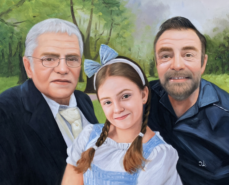 Oil painting portrait of two men and a girl in a park.