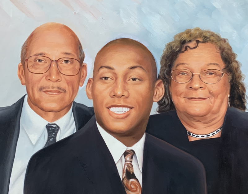 Painted portrait of a family: an older man in glasses, a younger man in a suit, and an older woman in glasses.