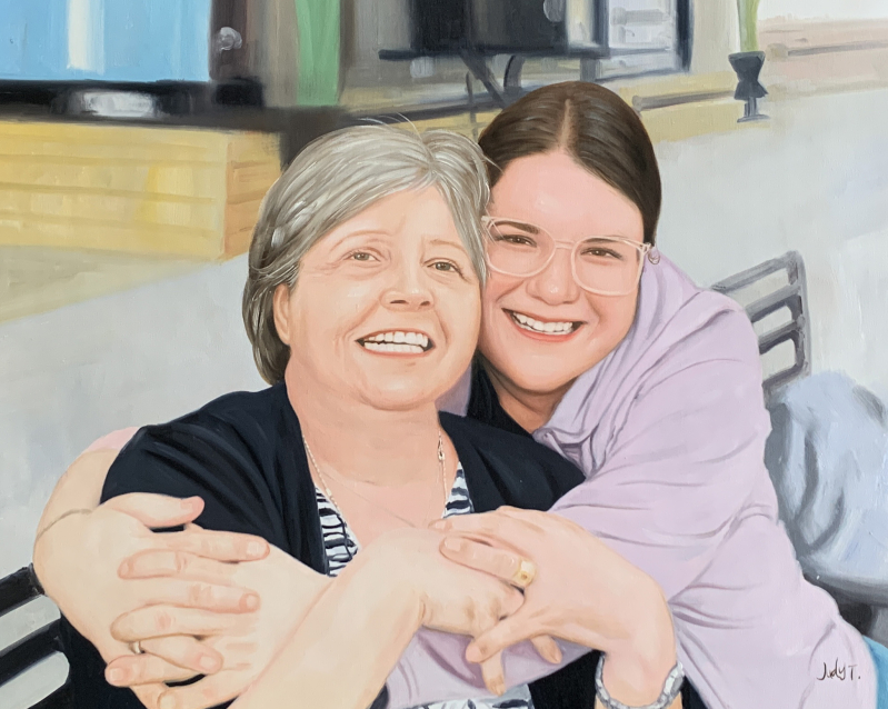 Painting of a smiling older woman and younger woman embracing