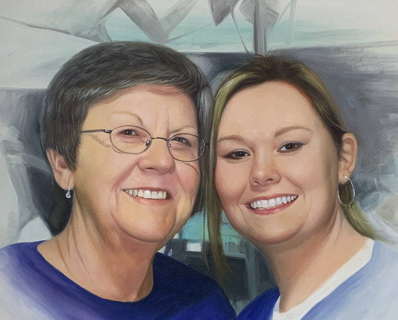 Oil painting portrait of two smiling women, one wearing glasses.