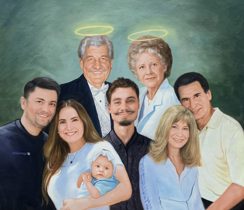 Family portrait painting with haloes above the grandparents.