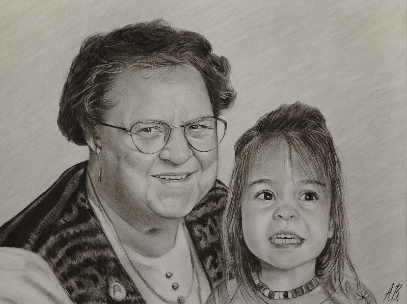 Black and white pencil sketch of an older woman with glasses and a young girl.
