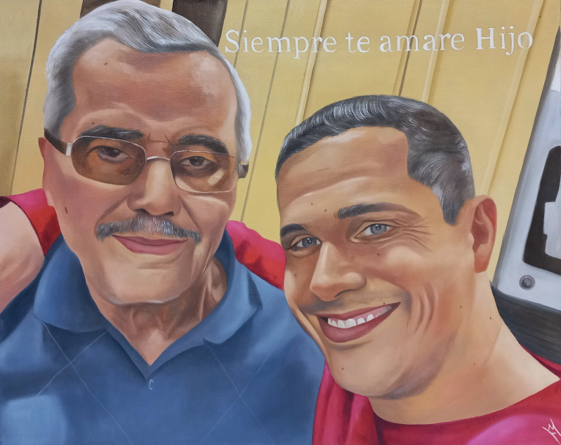 Painting of an older man and a younger man embracing, text reads Siempre te amare Hijo