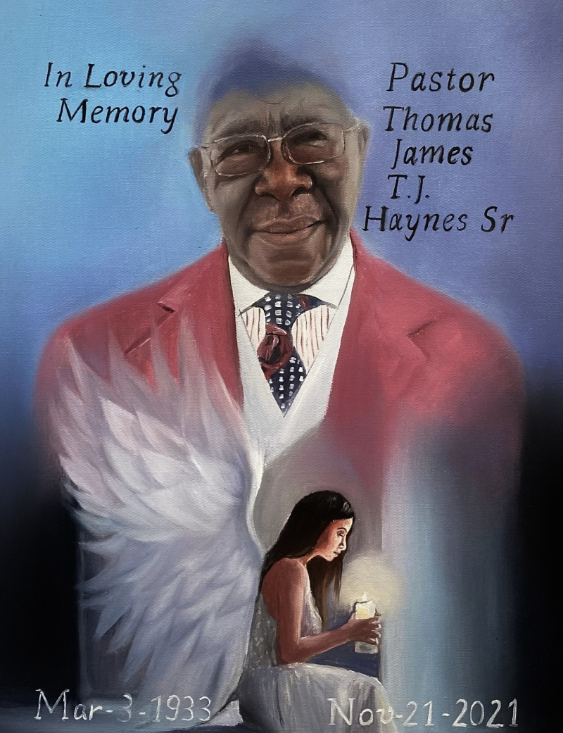 Memorial portrait of Pastor Thomas James T.J. Haynes Sr. 1933-2021, with a woman holding a candle.