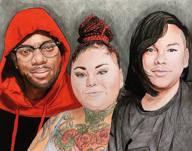 Colored pencil portrait of three people: a Black man in a red hoodie, a plus-size woman with tattoos and a red hair bun, and a person with dark hair.