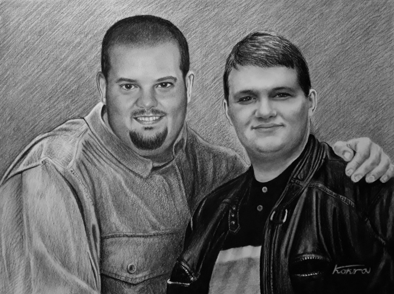 Black and white pencil sketch of two men posing together, one with an arm around the other.