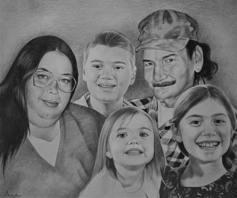 Custom handmade black pencil drawing of a family