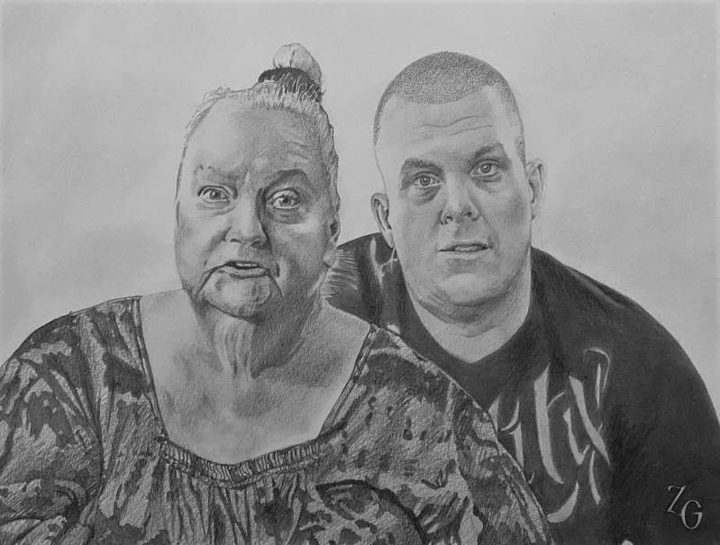 Beautiful handmade black pencil drawing of a parent and son
