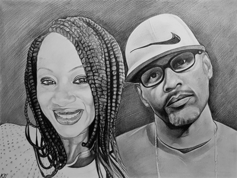 Custom close up black pencil drawing of a couple
