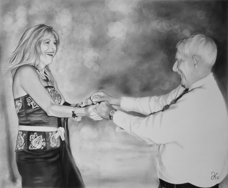 Gorgeous charcoal drawing of a father and daughter dancing