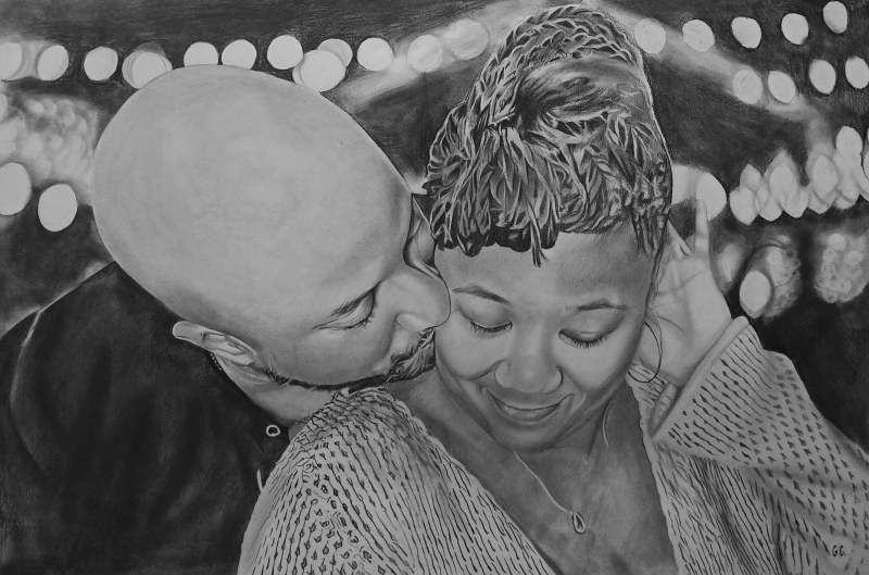 Gorgeous handmade black pencil drawing of kissing couple