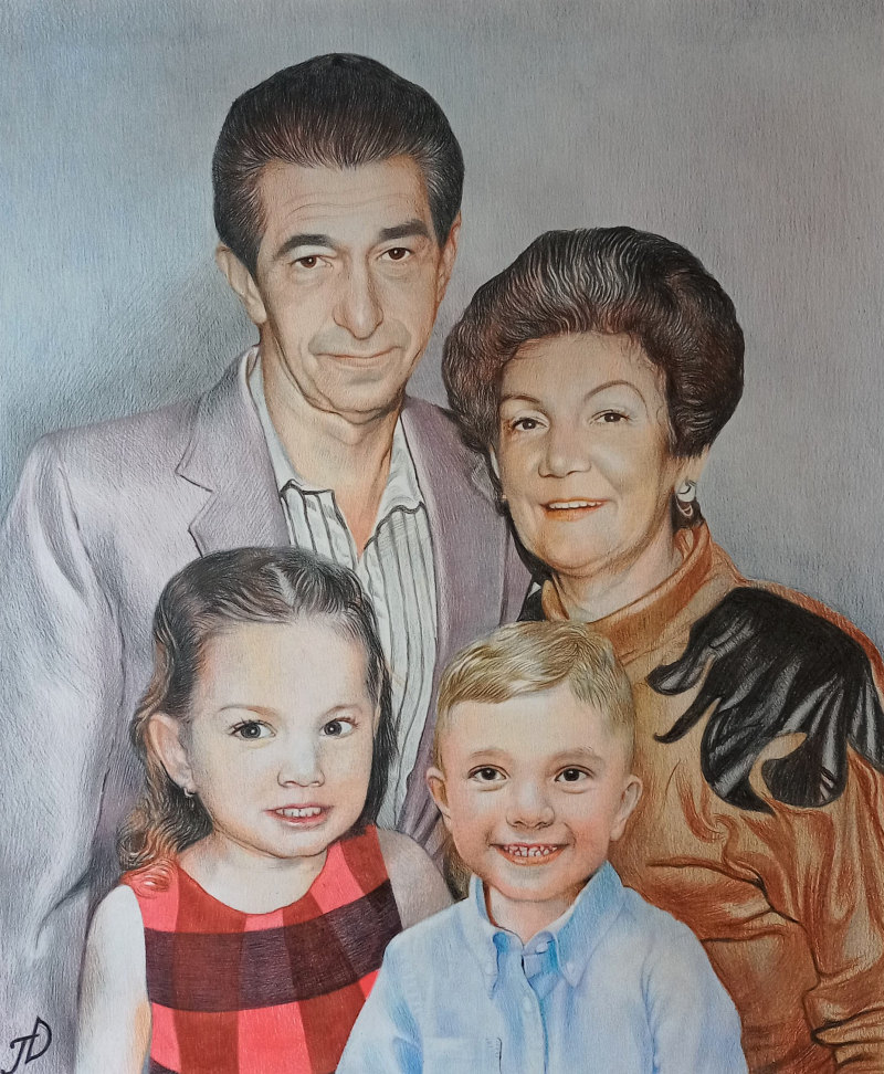 Color pencil portrait of grandparents with their grandchildren.