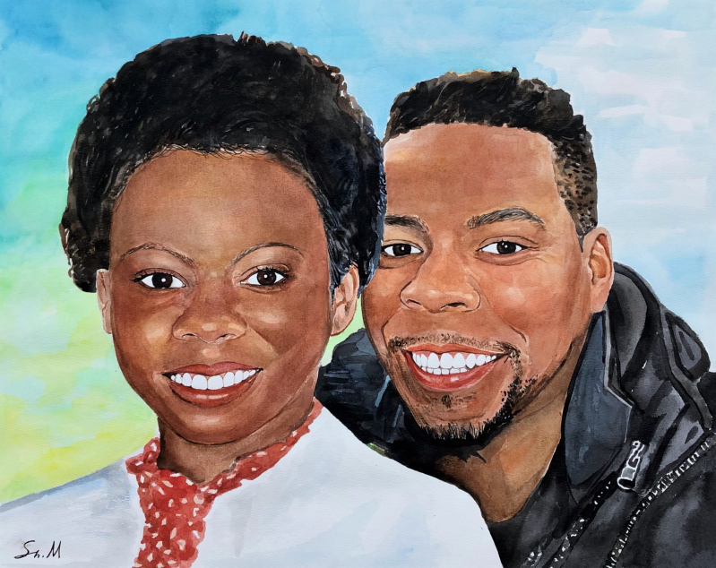 Watercolor portrait of a smiling Black couple.