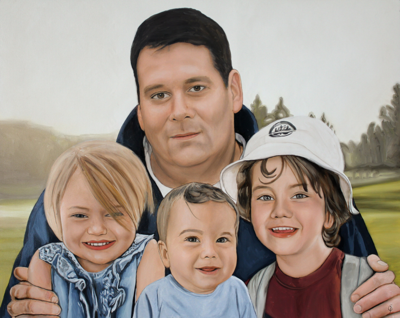 Painting of a father with his three young children.