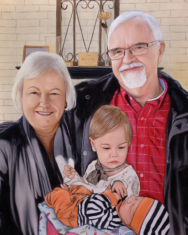 Painted portrait of grandparents with two grandchildren.