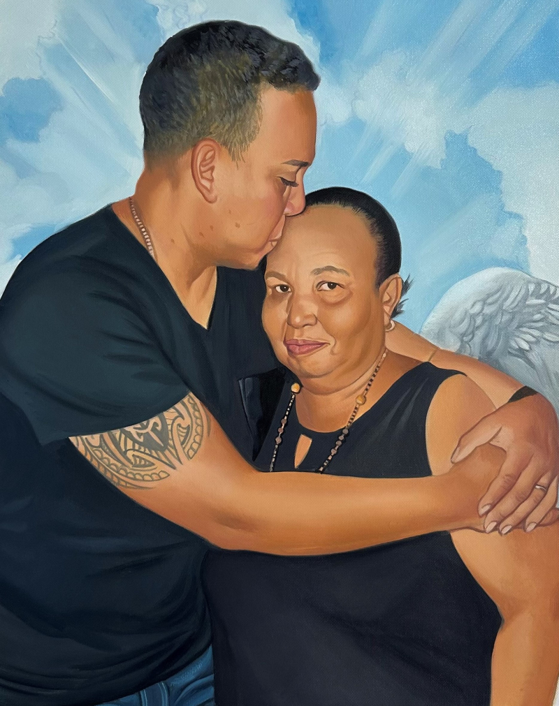 Painting of a man embracing a woman, with an angel wing in the background.