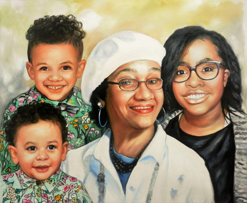 Painted portrait of a woman with two young children and a teenager.