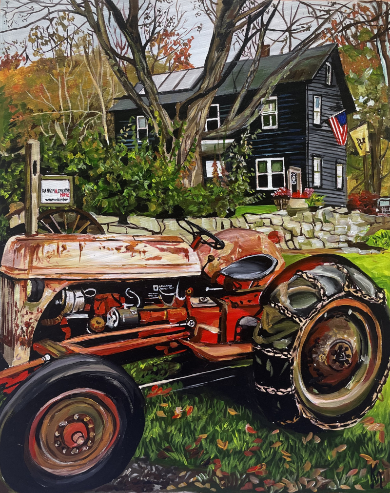 Painting of a rusty red tractor in front of a dark house with autumn foliage.