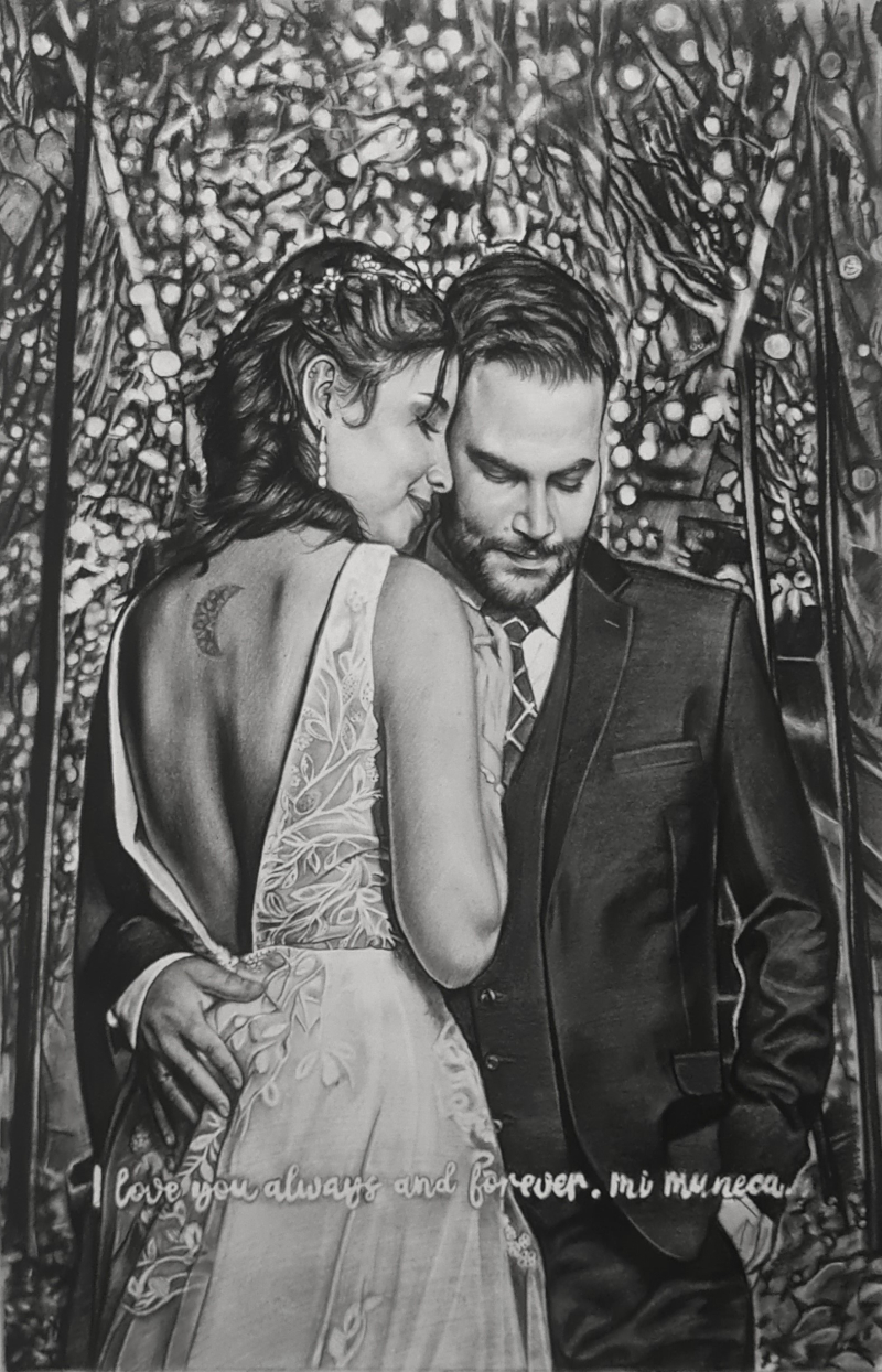 Black and white pencil drawing of a bride and groom embracing.