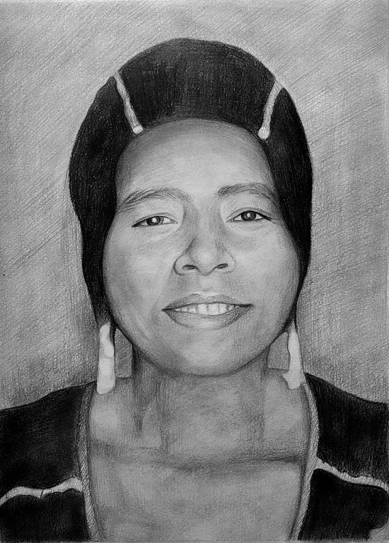 Pencil sketch of a smiling woman with dark hair and earrings.