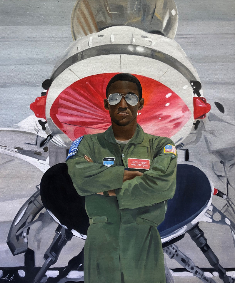 Painting of a Black man in a military flight suit, arms crossed, standing in front of a fighter jet.
