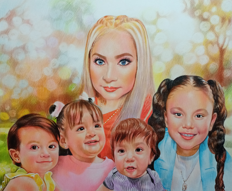 Color pencil drawing of a woman and her four children.
