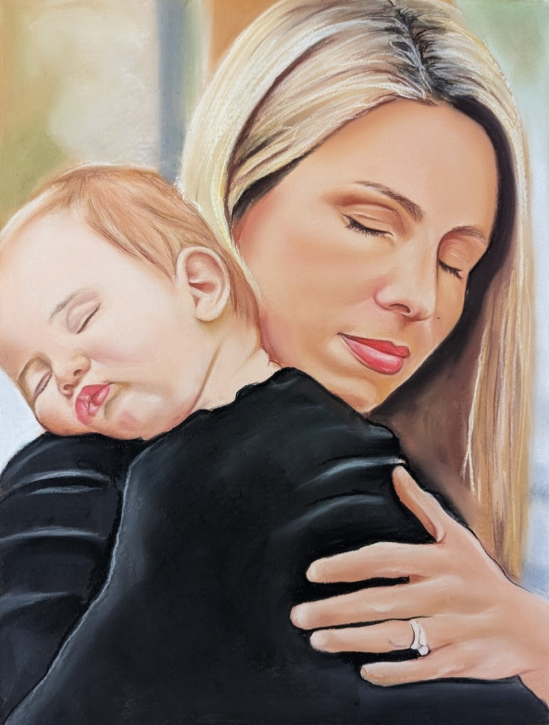 Pastel portrait of a mother holding a sleeping baby.