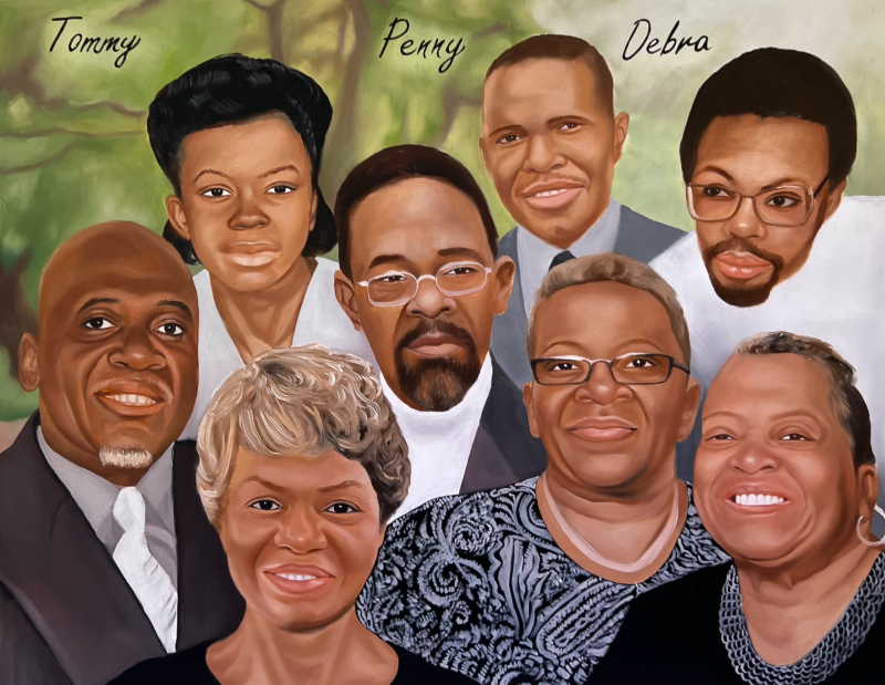 Painted family portrait of eight people, names Tommy, Penny, and Debra visible.