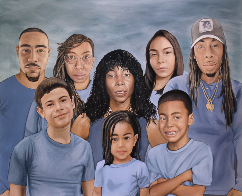 Painting of a large family portrait in shades of blue.