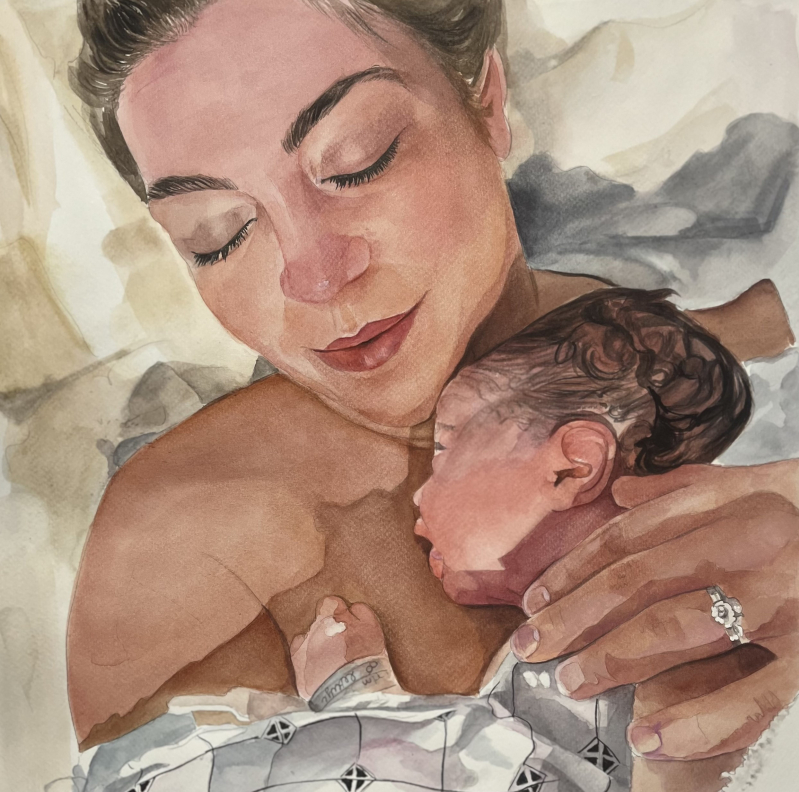 Watercolor painting of a mother holding her newborn baby.