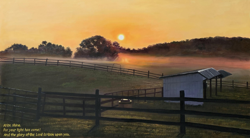 Sunrise over a foggy pasture with a small shed and wooden fence.