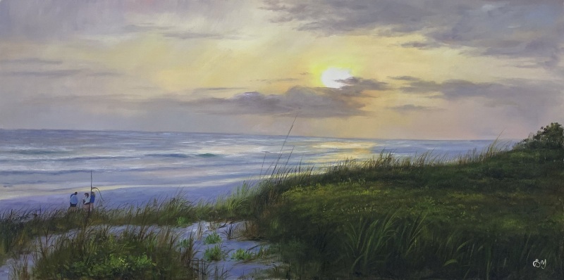 Sunset over ocean beach, two figures by dune grasses.