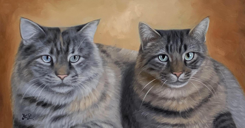 Painting of two long-haired cats with blue eyes sitting side-by-side.