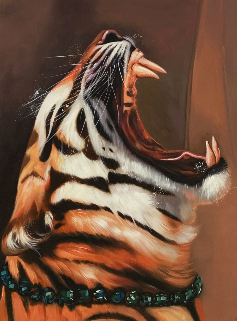 Painting of a tiger wearing a jeweled collar, yawning wide to reveal its teeth.