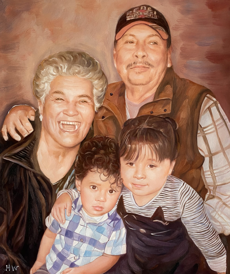 Oil painting portrait of a family: a grandmother, grandfather, girl, and boy.