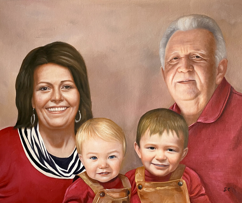 Painted portrait of a family: a woman, man, toddler, and young boy.