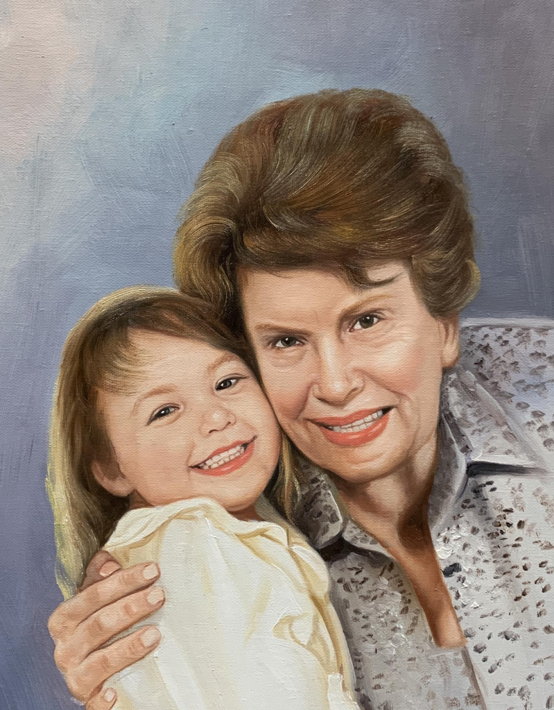Painting of a grandmother and granddaughter embracing.