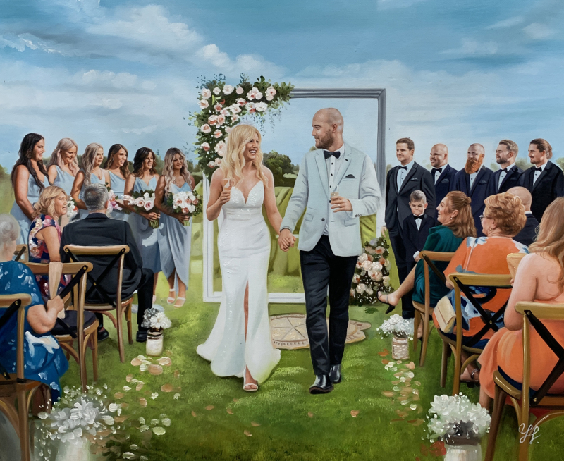 Painting of a bride and groom walking down the aisle at an outdoor wedding ceremony.