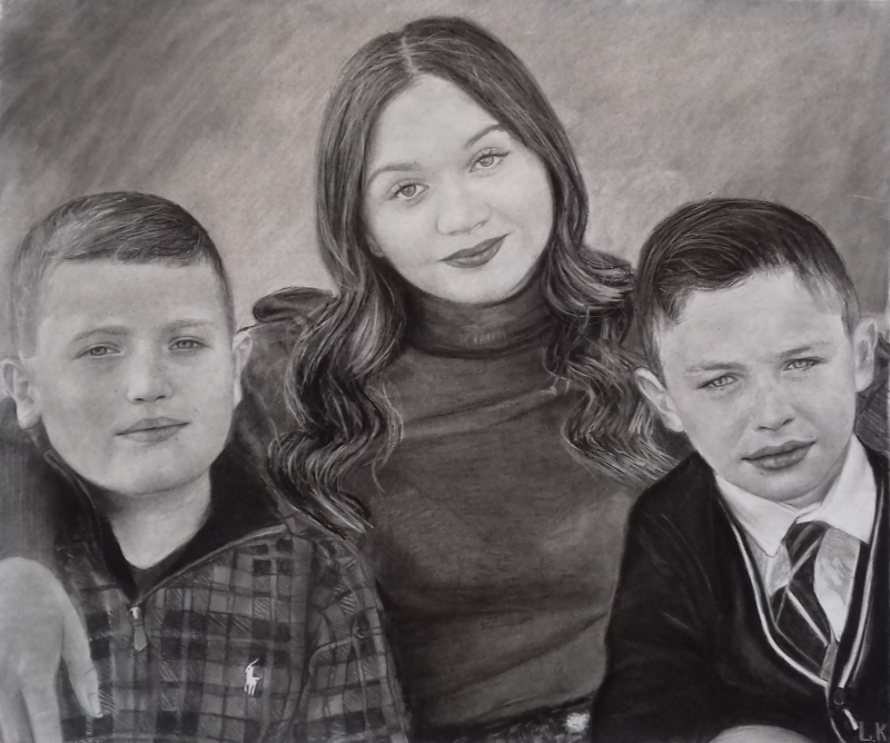 Custom handmade charcoal drawing of a family