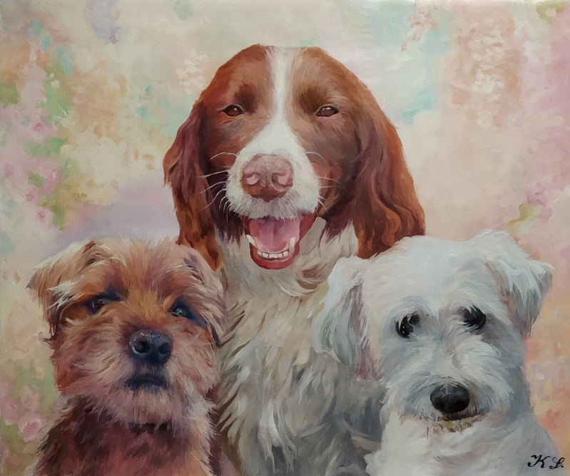 Painting of three dogs, a brown and white spaniel, a brown terrier, and a white fluffy dog.