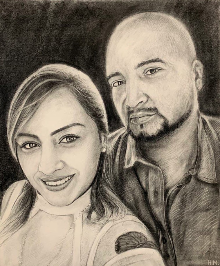 Beautiful handmade black pencil drawing of a couple
